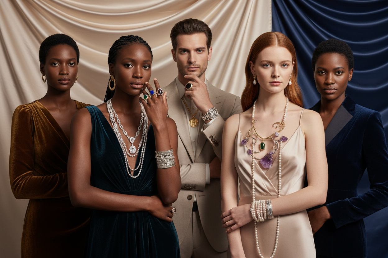 create 424*369 px image of jewelry models showcase their jewelry in photoshoot pic .like wearing all kinds of jewelry type 